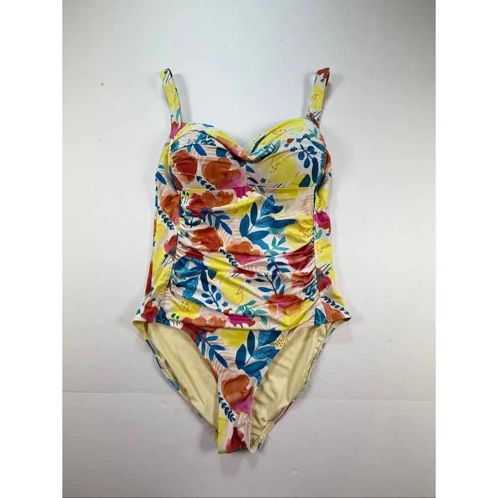 Nip Tuck Swim One Piece Swimsuit Floral Ruched Tummy Control US Size 6 Adj Strap